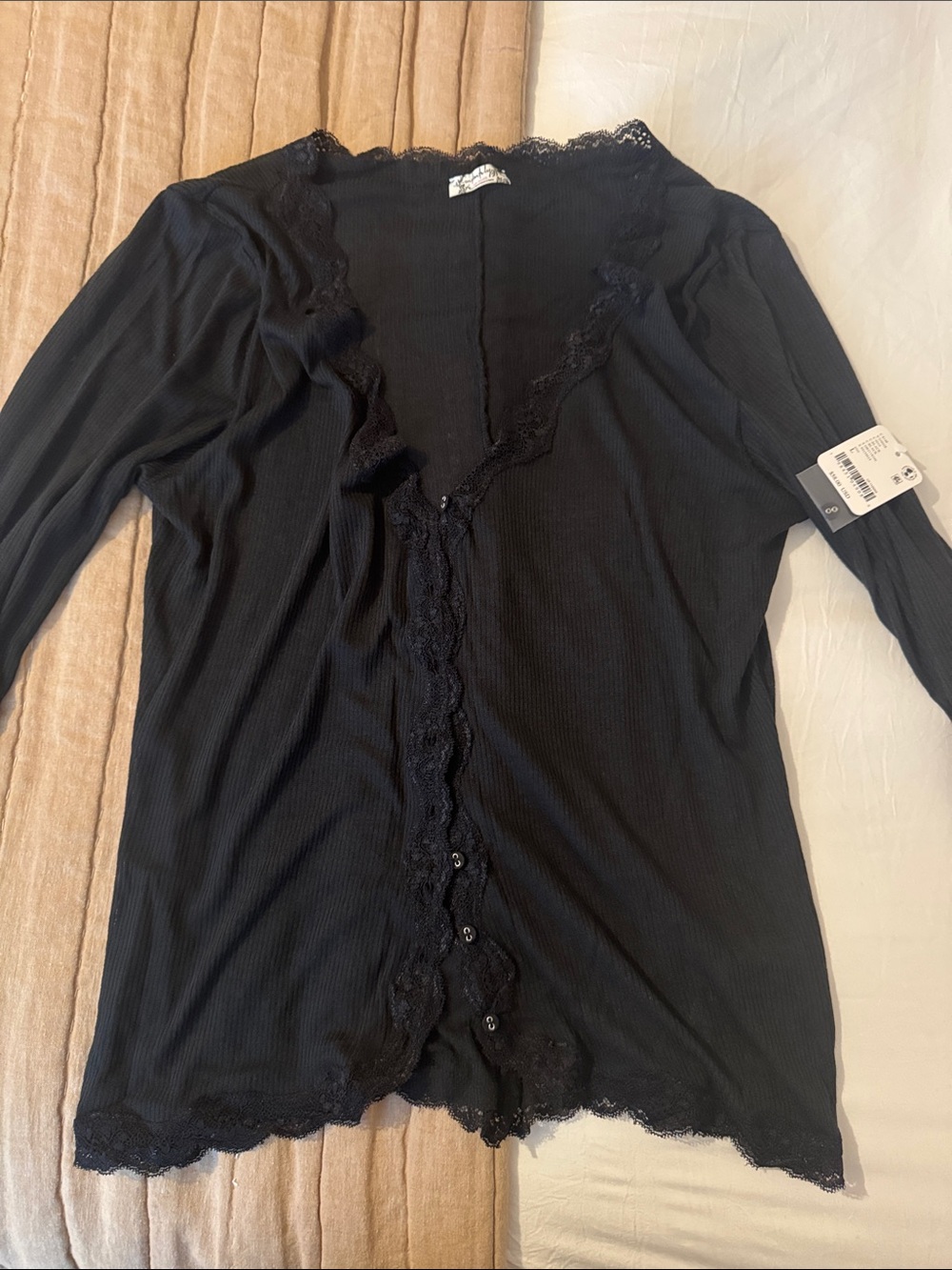 NWT Free People Black Lace-Trim Ribbed Cardigan
